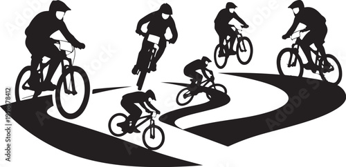 Black bicycle riders, cycling silhouettes, bike icons, vector graphics