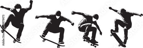 Skateboarder silhouettes, skateboarding icons, black skateboarders, action sports graphics, vector illustrations