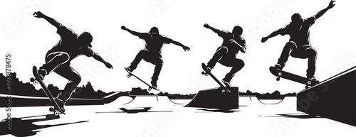 Skateboarder silhouettes, skateboarding vector graphics, black skateboarders, action sports illustrations, extreme sport designs