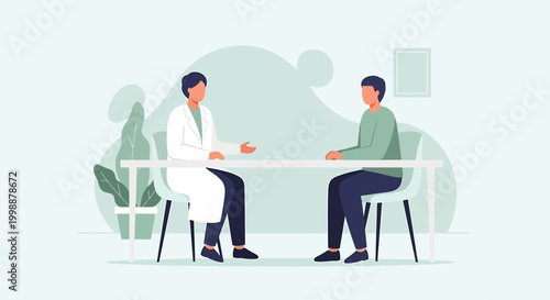 Doctor consulting patient in modern clinic office, healthcare consultation, medical examination