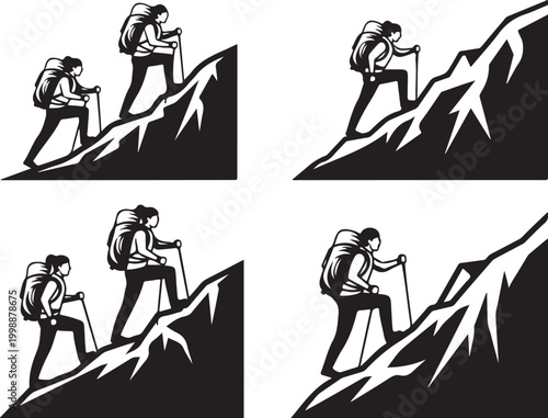 Hiking, climbing, adventure icons, black and white, vector illustrations, outdoor activities, trekking, mountaineering