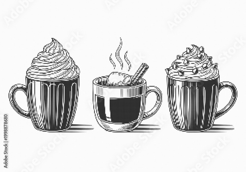 A black and white halftone illustration of three coffee cups with whipped cream on top, one with steam rising and a spoon, on a pure white background