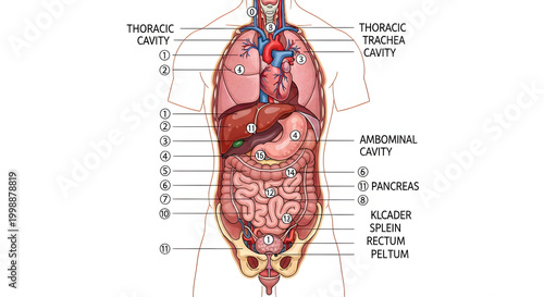 Detailed anatomical illustration presenting the intricate internal organs and vital systems within the human torso, ideal for educational, medical, and scientific study of human physiology