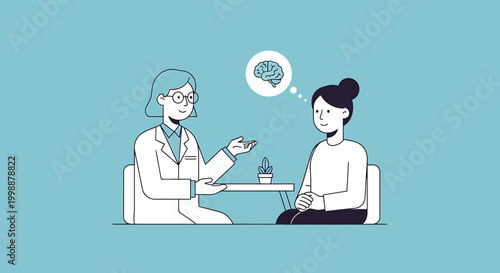 Doctor consulting patient, mental health, brain thought bubble, therapy session, healthcare concept