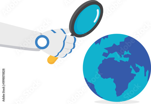 Robot inspecting the earth globe with a magnifying glass