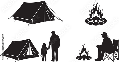 Camping icons, outdoor adventure symbols, black silhouette graphics, vector illustrations