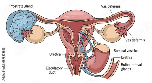 Detailed anatomical illustration of the human male and female reproductive systems, showcasing key organs and their intricate connections for medical education