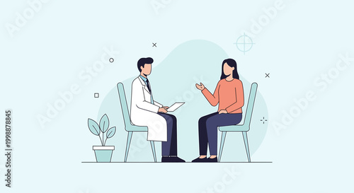 Doctor consulting patient, mental health, therapy session, medical care, conversation