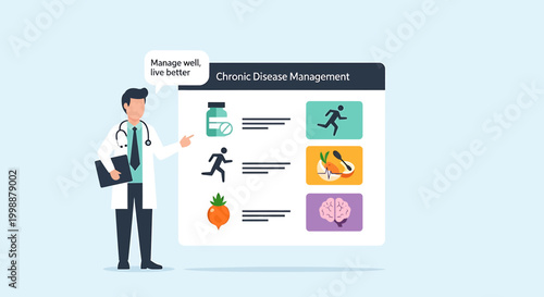 Doctor explains chronic disease management with healthy lifestyle icons