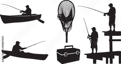 Fishing, silhouette icons, black, vector graphics, fishing gear, 6 icons
