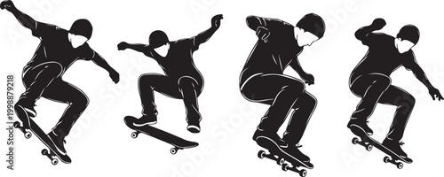 Skateboarder silhouettes, skateboard tricks, black icons, athletic poses, vector graphics