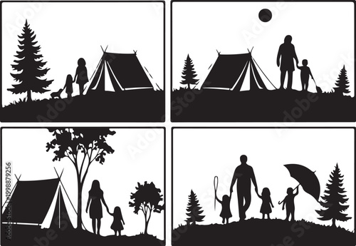 Camping, family, silhouette, vector icons, outdoor adventure, travel, black and white