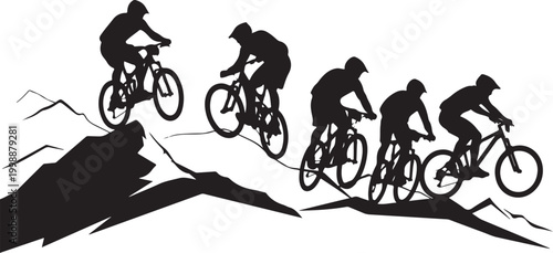 Black mountain bike riders silhouettes, cycling downhill, bikers racing, vector graphics