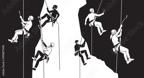 Rock climbing, mountaineering, climbing people, adventure sports, vector icons