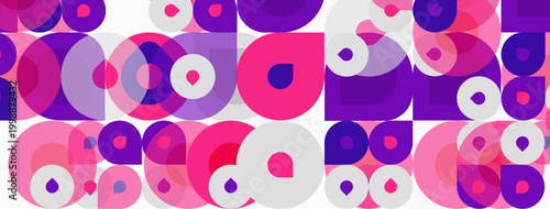Abstract pattern features overlapping circles, varying sizes, pinks, purples, white background. Modern design element.