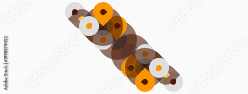 Abstract design features overlapping circles, varying shades brown, orange, gray. Minimalist composition, clean lines, modern aesthetic.