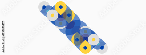 Abstract composition. Overlapping circles, varying shades blue, gray, yellow. Minimalist design, clean background, modern aesthetic.