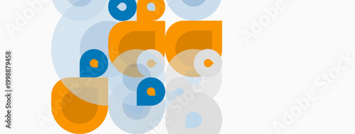 Abstract geometric shapes overlap, creating dynamic visual composition. Orange, blue, gray hues dominate design. Modern aesthetic.