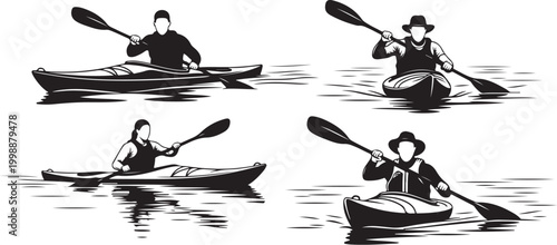 Kayaking icons, black and white vector illustrations, kayaking set, paddle boat graphics
