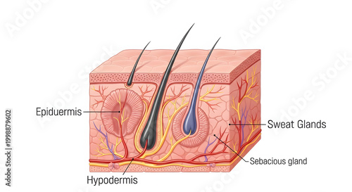 Comprehensive Diagram Illustrating the Layers and Structures of Human Skin, Including Hair Follicles, Sweat Glands, and Sebaceous Glands