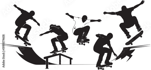 Skateboarding silhouettes, skateboard tricks, black icons, action sports graphics, athletic illustrations