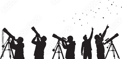 Stargazing, astronomy, telescope, silhouette icons, people looking at stars, night sky, vector graphics