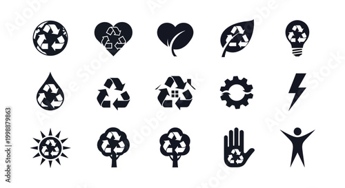 Collection of eco friendly and sustainable concept icons representing recycling nature energy and environmental protection isolated on a white background
