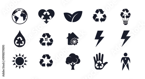 Collection of black eco friendly icons representing sustainability renewable energy nature and global conservation efforts on a clean white background perfect for environmental
