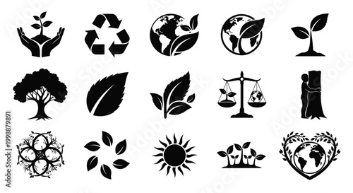 Diverse collection of environmental and ecological icons representing sustainability nature growth and conservation including hands holding a sprout recycling symbol globes