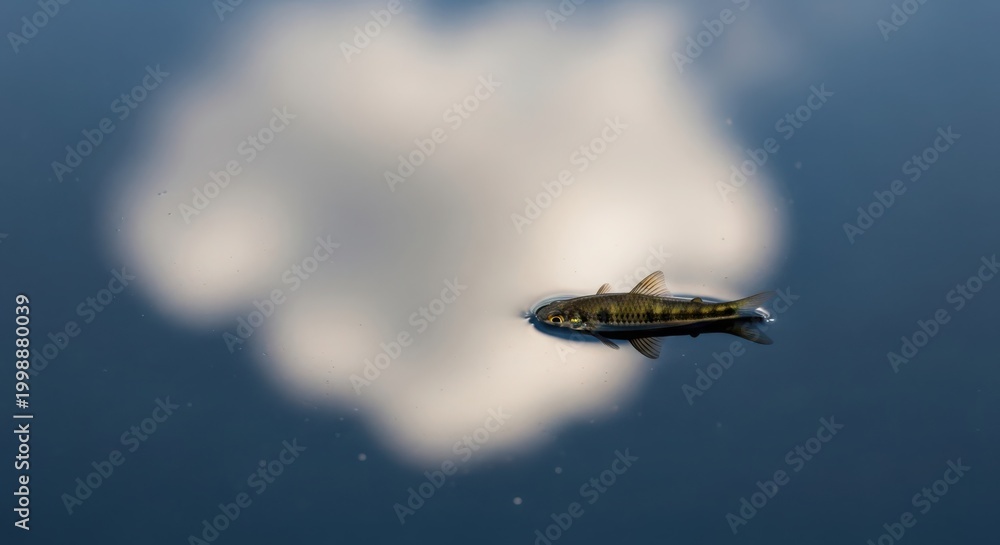 Obraz premium Small fish swimming on water surface reflecting a cloudy sky, macro nature detail