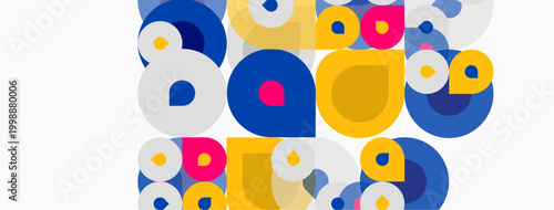 Abstract circles, blue, yellow, pink, white. Overlapping shapes create dynamic composition. Modern design, simple geometry.