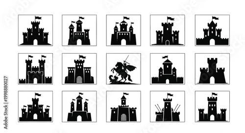 Collection of medieval castle silhouettes including a knight battling a dragon showcasing architectural variety for fantasy and history themes