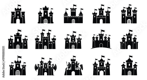Collection of diverse medieval castle silhouettes with flags showcasing various architectural styles from simple fortresses to grand royal palaces ideal for fantasy history