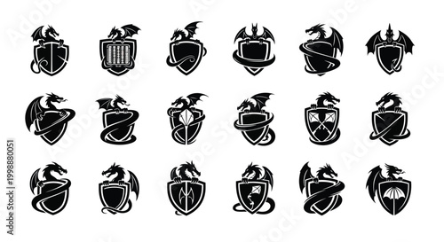 Collection of mythical dragon crests and shields black and white emblems featuring powerful fantasy creatures in various heraldic designs ideal for gaming logos fantasy art