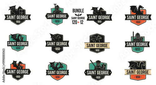 Collection of saint george emblem badges featuring dragons and knights in various shield and banner designs ideal for heraldry and fantasy themed projects