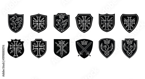 Collection of medieval heraldic shields and crests featuring lions crosses swords eagles and crowns presented in a clean vector graphic style on a white background for design