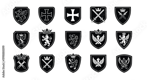 Collection of 15 heraldic crests and shields featuring diverse medieval symbols like lions eagles swords crosses crowns and ornate elements presented in a clean graphic black