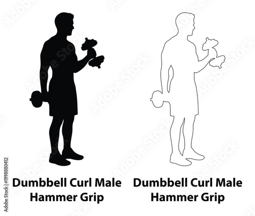 Black Silhouette and Outline Set of Man Performing Standing Dumbbell Hammer Grip Curls for Bicep and Forearm Strength Training Illustration