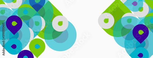 Abstract background features overlapping circles, vibrant blues, greens, purple map markers. Clean white space dominates center. Modern design.