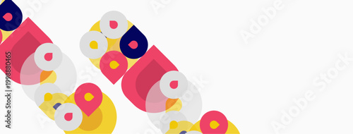 Abstract geometric shapes overlap, creating colorful diagonal pattern. Pink, yellow, navy, white dominate composition. Minimalist design.