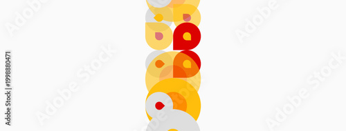 Abstract design features stacked circles, orange, yellow hues. Minimalist composition, clean lines, simple geometry. Bright colors dominate white background.