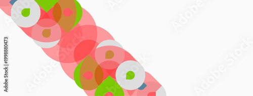 Abstract composition features overlapping circles. Colors include green, pink, blue, pale shades. Minimalist design, clean aesthetic.