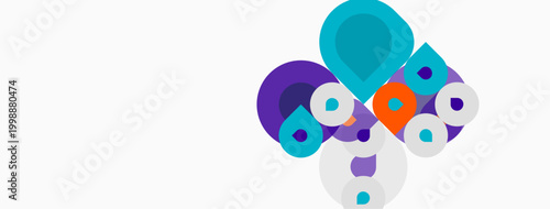 Abstract colorful shapes overlap, creating dynamic composition. Circles, squares, varying sizes suggest movement, energy. Minimalist design.