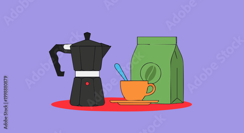 Flat Vector Illustration of Moka Pot Coffee Maker with Bag and Cup