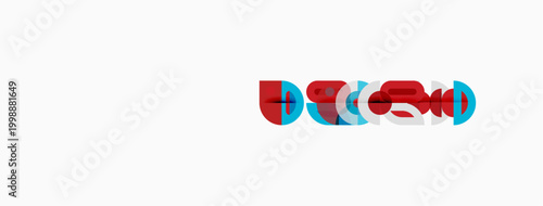 Abstract graphic design features overlapping red, blue shapes forming stylized text. Minimalist composition, white background dominates image.