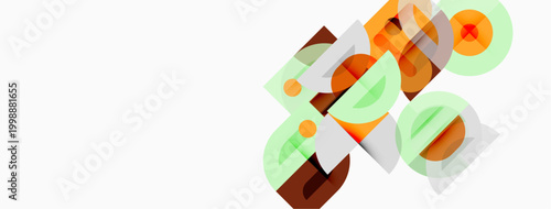 Abstract geometric shapes overlap, creating dynamic composition. Colors include brown, green, orange, gray. Minimalist design, modern aesthetic.