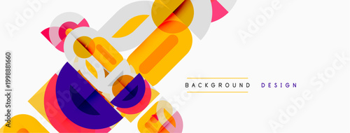 Abstract geometric shapes overlap, creating vibrant design. Yellow, purple, pink hues dominate white background. Modern aesthetic.