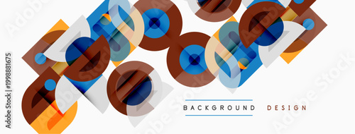 Abstract geometric pattern. Overlapping squares, circles create dynamic visual texture. Bright colors, modern design elements present.