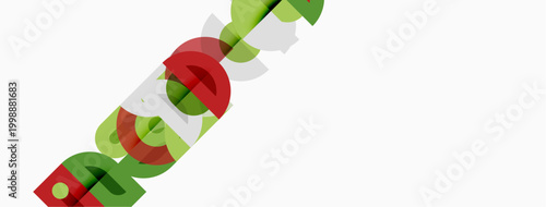 Letters arranged diagonally. Red, green, gray colors present. Simple design, white background dominates image composition.