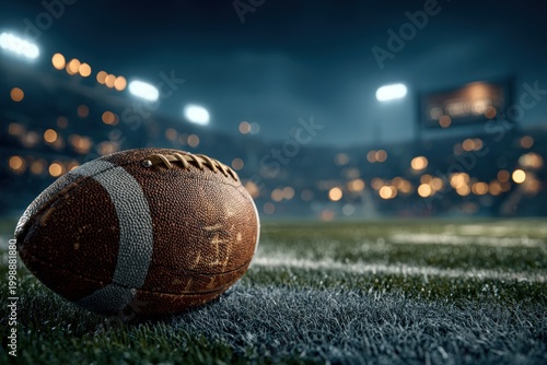 Close-up view of a brown leather American football resting on a green field with stadium lights illuminating the blurred background during a night game